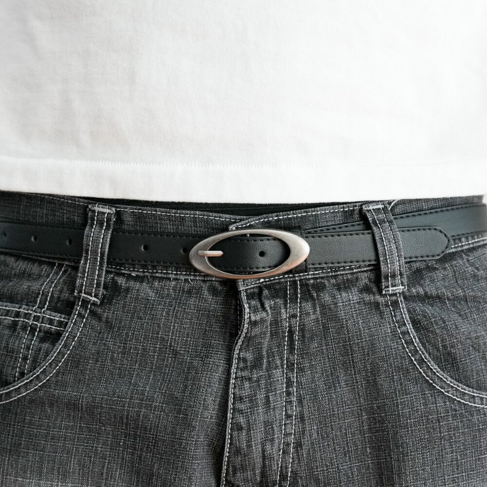 y2k oval buckle black leather belt — 2000s minimal style